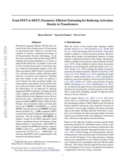From PEFT to DEFT: Parameter Efficient Finetuning for Reducing
  Activation Density in Transformers