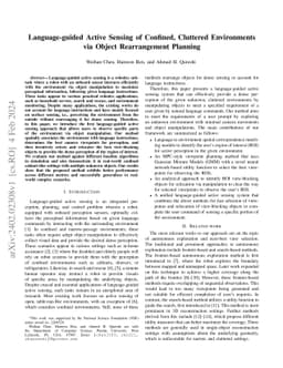 Language-guided Active Sensing of Confined, Cluttered Environments via
  Object Rearrangement Planning