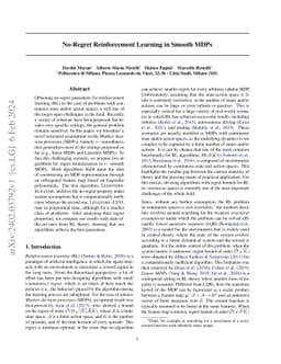 No-Regret Reinforcement Learning in Smooth MDPs
