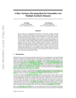 A Bias-Variance Decomposition for Ensembles over Multiple Synthetic Datasets