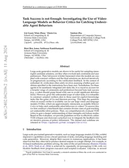 "Task Success" is not Enough: Investigating the Use of Video-Language
  Models as Behavior Critics for Catching Undesirable Agent Behaviors
