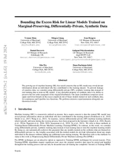 Bounding the Excess Risk for Linear Models Trained on
  Marginal-Preserving, Differentially-Private, Synthetic Data