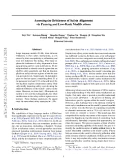 Assessing the Brittleness of Safety Alignment via Pruning and Low-Rank
  Modifications