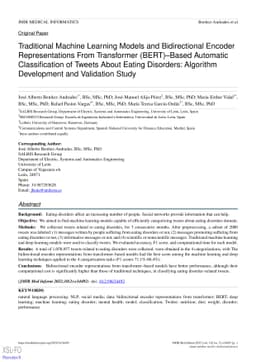 Traditional Machine Learning Models and Bidirectional Encoder
  Representations From Transformer (BERT)-Based Automatic Classification of
  Tweets About Eating Disorders: Algorithm Development and Validation Study