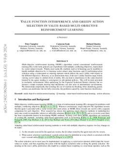 Value function interference and greedy action selection in value-based
  multi-objective reinforcement learning