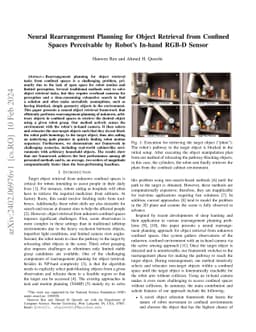 Neural Rearrangement Planning for Object Retrieval from Confined Spaces
  Perceivable by Robot's In-hand RGB-D Sensor
