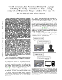 Towards Explainable, Safe Autonomous Driving with Language Embeddings
  for Novelty Identification and Active Learning: Framework and Experimental
  Analysis with Real-World Data Sets