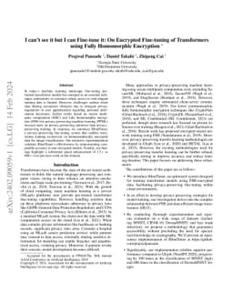 I can't see it but I can Fine-tune it: On Encrypted Fine-tuning of
  Transformers using Fully Homomorphic Encryption