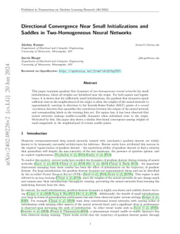 Directional Convergence Near Small Initializations and Saddles in
  Two-Homogeneous Neural Networks
