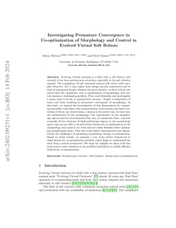 Investigating Premature Convergence in Co-optimization of Morphology and
  Control in Evolved Virtual Soft Robots