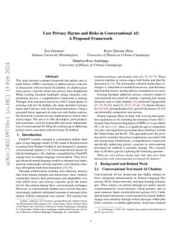 User Privacy Harms and Risks in Conversational AI: A Proposed Framework