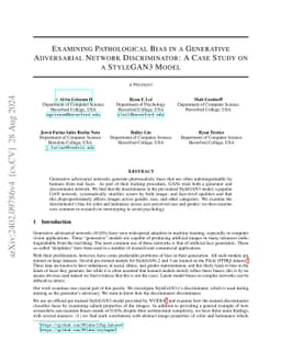Examining Pathological Bias in a Generative Adversarial Network
  Discriminator: A Case Study on a StyleGAN3 Model