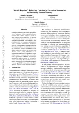 `Keep it Together': Enforcing Cohesion in Extractive Summaries by
  Simulating Human Memory