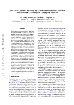 Don't Go To Extremes: Revealing the Excessive Sensitivity and
  Calibration Limitations of LLMs in Implicit Hate Speech Detection