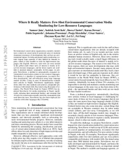 Where It Really Matters: Few-Shot Environmental Conservation Media
  Monitoring for Low-Resource Languages