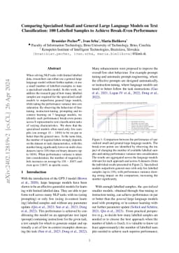 Comparing Specialised Small and General Large Language Models on Text
  Classification: 100 Labelled Samples to Achieve Break-Even Performance