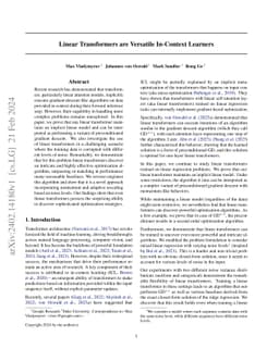 Linear Transformers are Versatile In-Context Learners