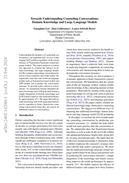 Towards Understanding Counseling Conversations: Domain Knowledge and
  Large Language Models