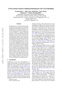 LLM-Assisted Content Conditional Debiasing for Fair Text Embedding