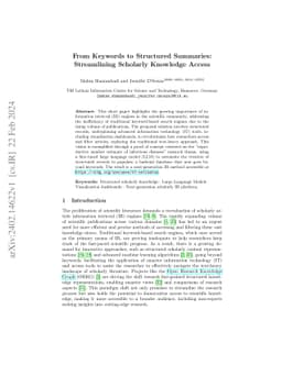 From Keywords to Structured Summaries: Streamlining Scholarly Knowledge
  Access