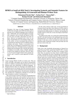 RFBES at SemEval-2024 Task 8: Investigating Syntactic and Semantic
  Features for Distinguishing AI-Generated and Human-Written Texts