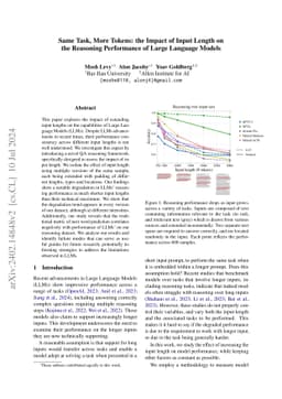 Same Task, More Tokens: the Impact of Input Length on the Reasoning
  Performance of Large Language Models