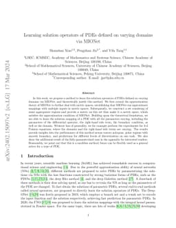Learning solution operators of PDEs defined on varying domains via
  MIONet