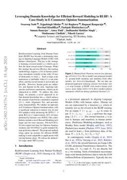 Leveraging Domain Knowledge for Efficient Reward Modelling in RLHF: A
  Case-Study in E-Commerce Opinion Summarization