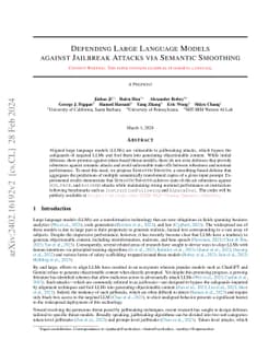 Defending Large Language Models against Jailbreak Attacks via Semantic
  Smoothing
