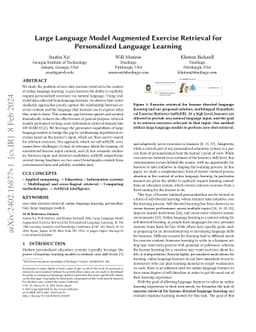 Large Language Model Augmented Exercise Retrieval for Personalized
  Language Learning