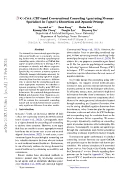 COCOA: CBT-based Conversational Counseling Agent using Memory
  Specialized in Cognitive Distortions and Dynamic Prompt