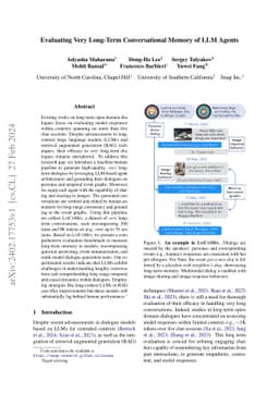 Evaluating Very Long-Term Conversational Memory of LLM Agents