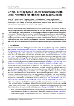Griffin: Mixing Gated Linear Recurrences with Local Attention for
  Efficient Language Models