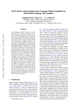 FAC$^2$E: Better Understanding Large Language Model Capabilities by
  Dissociating Language and Cognition