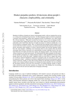 Dialect prejudice predicts AI decisions about people's character,
  employability, and criminality