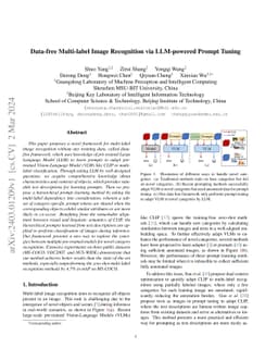 Data-free Multi-label Image Recognition via LLM-powered Prompt Tuning