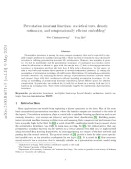 Permutation invariant functions: statistical tests, density estimation,
  and computationally efficient embedding