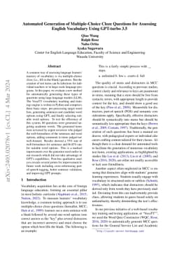 Automated Generation of Multiple-Choice Cloze Questions for Assessing
  English Vocabulary Using GPT-turbo 3.5