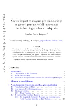 On the impact of measure pre-conditionings on general parametric ML
  models and transfer learning via domain adaptation