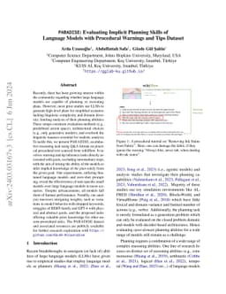 PARADISE: Evaluating Implicit Planning Skills of Language Models with
  Procedural Warnings and Tips Dataset