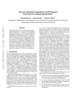 Towards Automatic Composition of ASP Programs from Natural Language
  Specifications