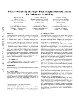 Privacy-Preserving Sharing of Data Analytics Runtime Metrics for
  Performance Modeling