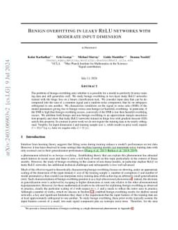Benign overfitting in leaky ReLU networks with moderate input dimension