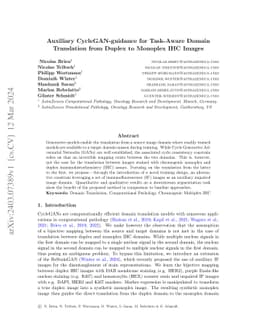 Auxiliary CycleGAN-guidance for Task-Aware Domain Translation from
  Duplex to Monoplex IHC Images