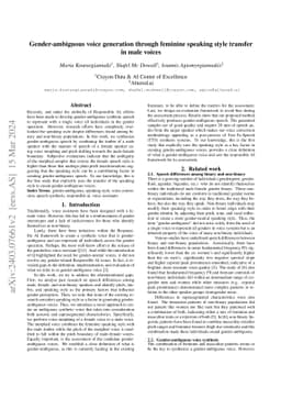 Gender-ambiguous voice generation through feminine speaking style
  transfer in male voices