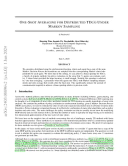 One-Shot Averaging for Distributed TD($λ$) Under Markov Sampling