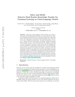 Select and Distill: Selective Dual-Teacher Knowledge Transfer for
  Continual Learning on Vision-Language Models