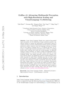 Griffon v2: Advancing Multimodal Perception with High-Resolution Scaling
  and Visual-Language Co-Referring