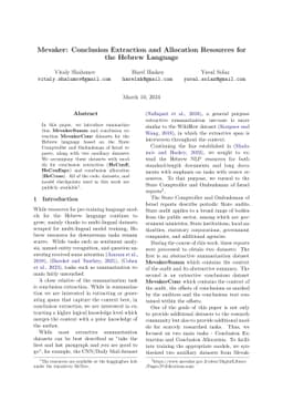 Mevaker: Conclusion Extraction and Allocation Resources for the Hebrew
  Language