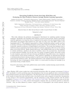Forecasting Geoffective Events from Solar Wind Data and Evaluating the
  Most Predictive Features through Machine Learning Approaches